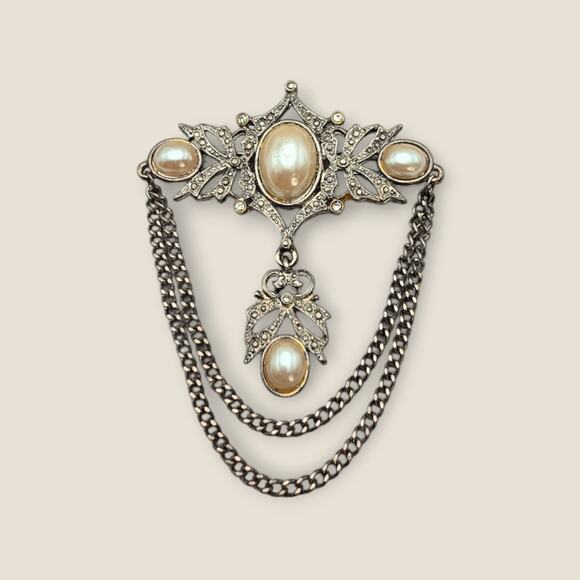 Victorian Revival Faux Pearl & Marcasite Double Chain Drape Vintage Brooch Pin - Picture 4 of 6